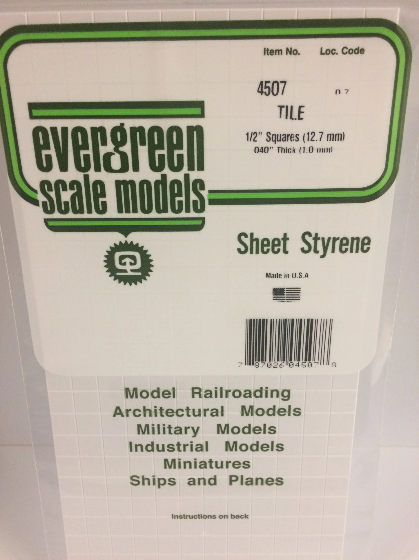 Evergreen White Polystyrene 1/2"(12.7mm) Square Tile 0.040" / 1.0mm x 35cm (1pce) 4507
