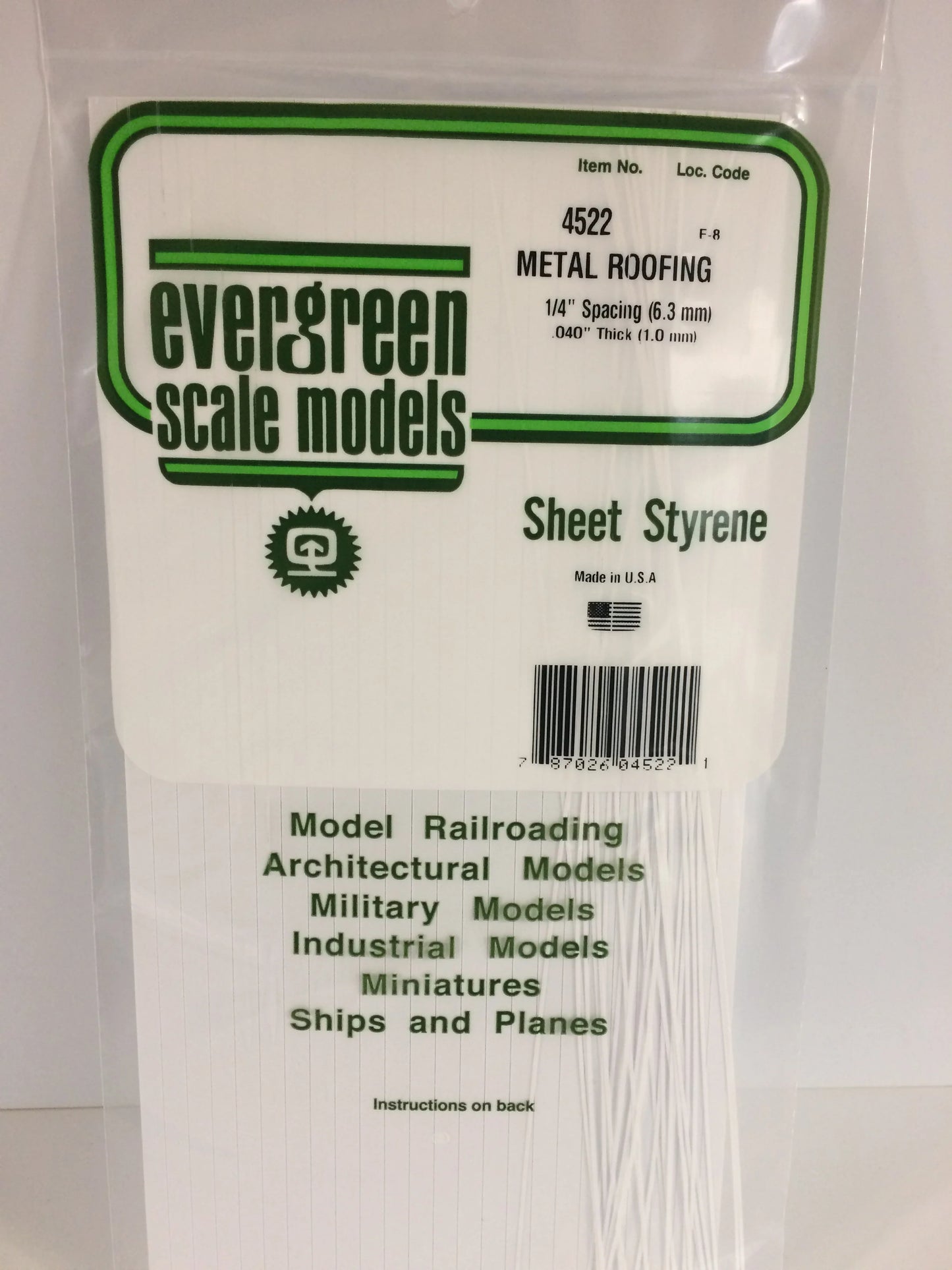 Evergreen White Polystyrene 0.250"(6.3mm) Standard Seam Roofing 0.040" / 1.0mm x 35cm (1pce) 4522