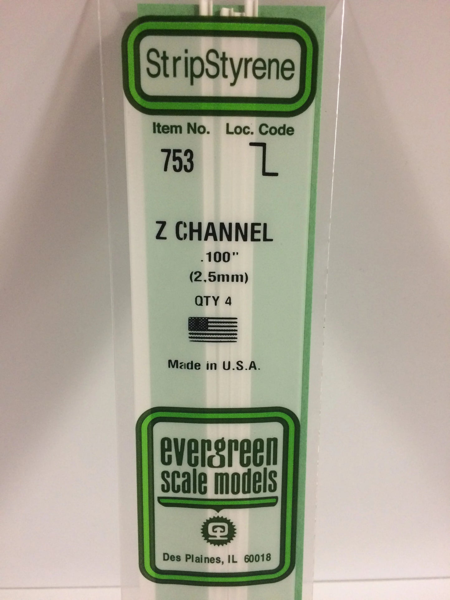Evergreen White Polystyrene Z Channel 0.100" / 2.5mm x 35cm (4pce) 753