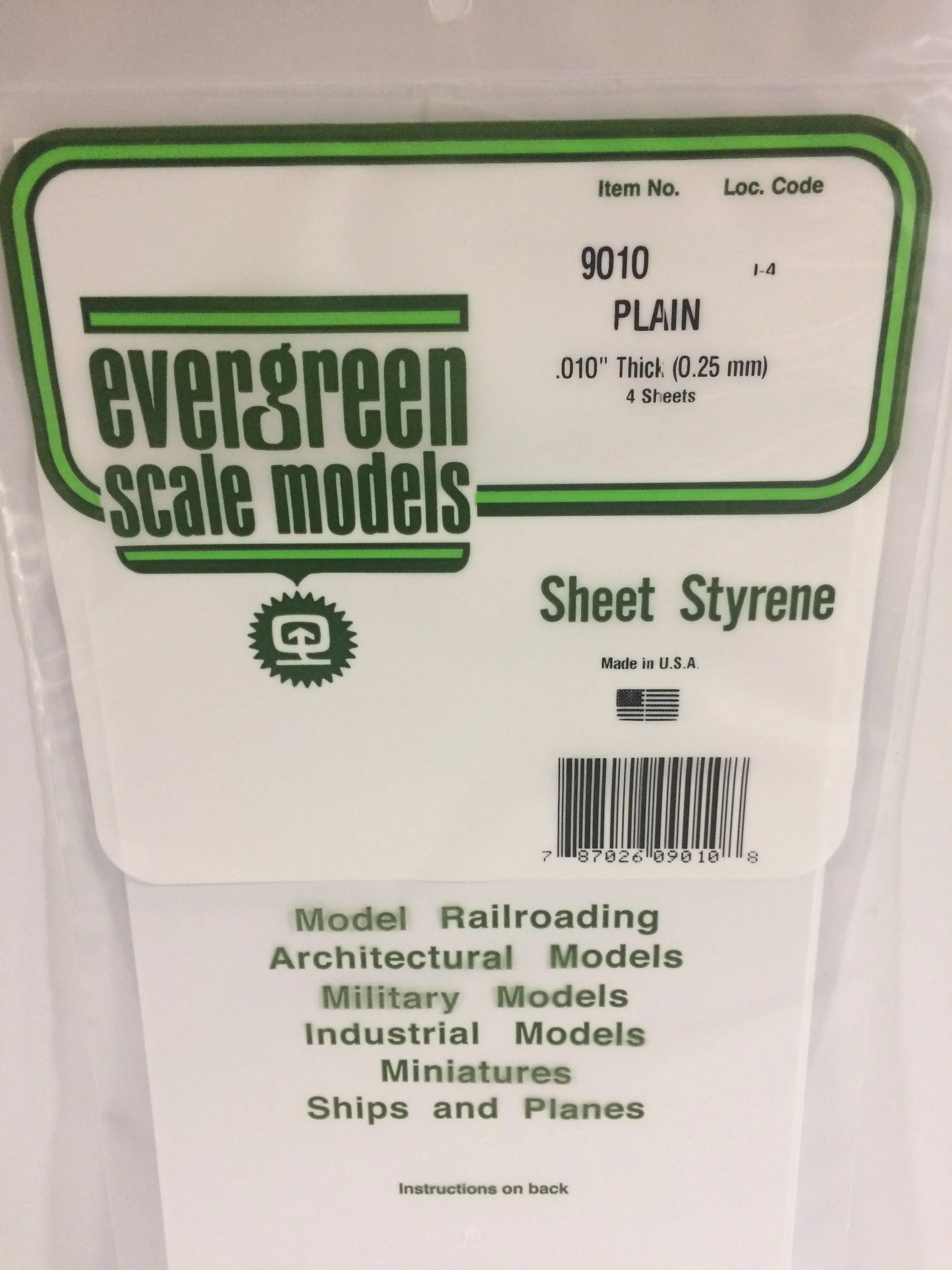 Evergreen White Polystyrene Sheet 0.010 x 6 x 12" / 0.25 x 150 x 300mm (4pce) 9010