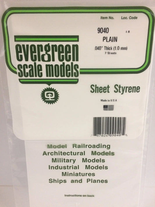 Evergreen White Polystyrene Sheet 0.040 x 6 x 12" / 1.0 x 150 x 300mm (2pce) 9040