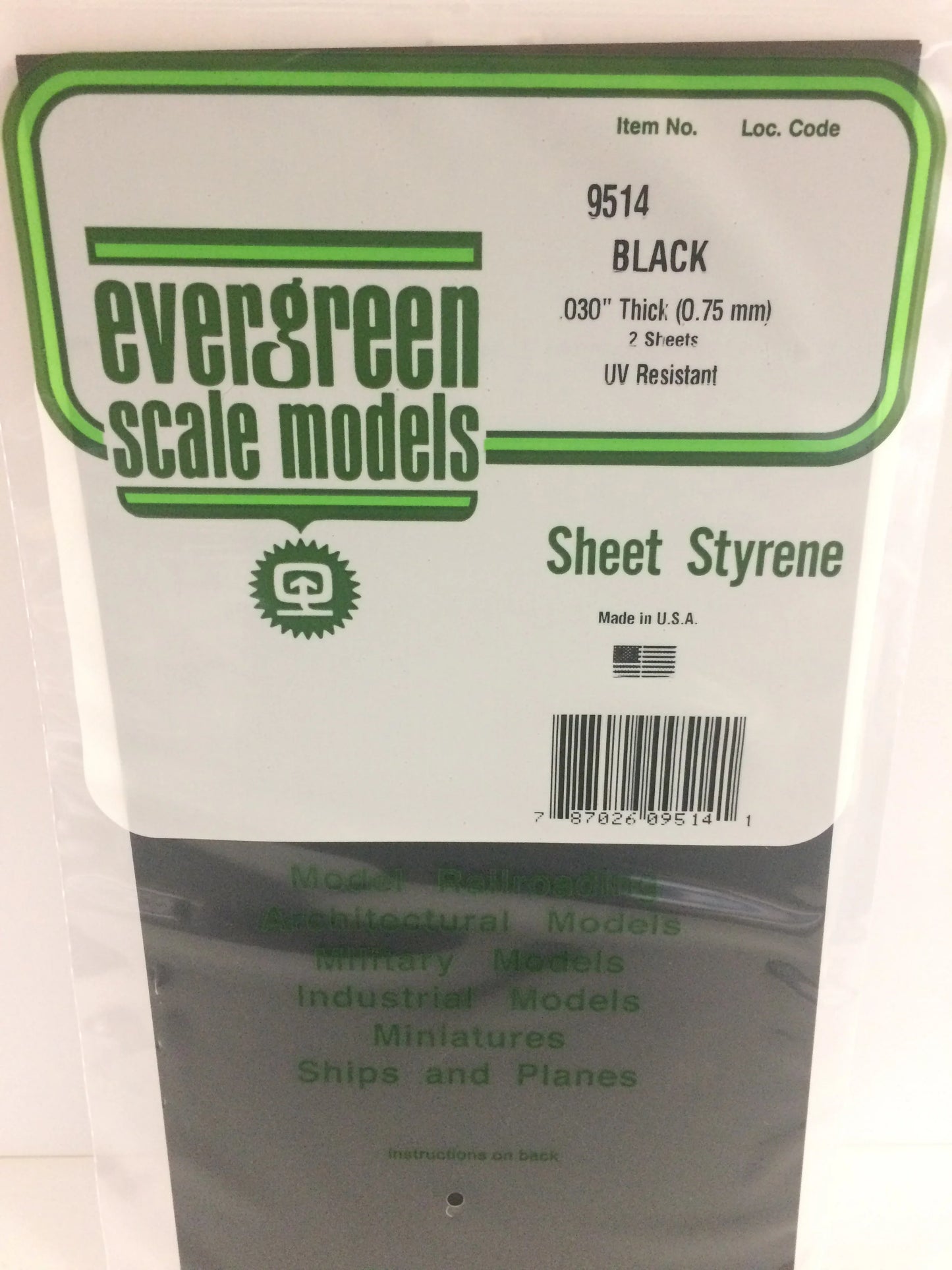 Evergreen BLACK Polystyrene Sheet 0.030 x 6 x 12" / 0.75 x 150 x 300mm (2pce) 9514