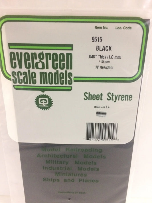 Evergreen BLACK Polystyrene Sheet 0.040 x 6 x 12" / 1.0 x 150 x 300mm (2pce) 9515
