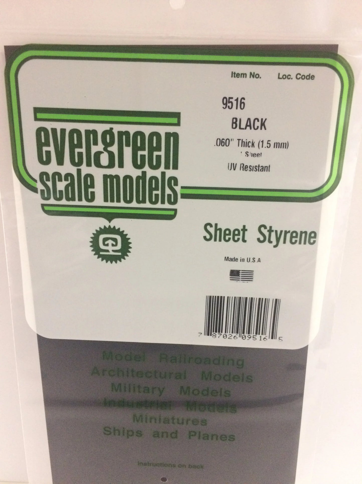 Evergreen BLACK Polystyrene Sheet 0.060 x 6 x 12" / 1.5 x 150 x 300mm (1pce) 9516