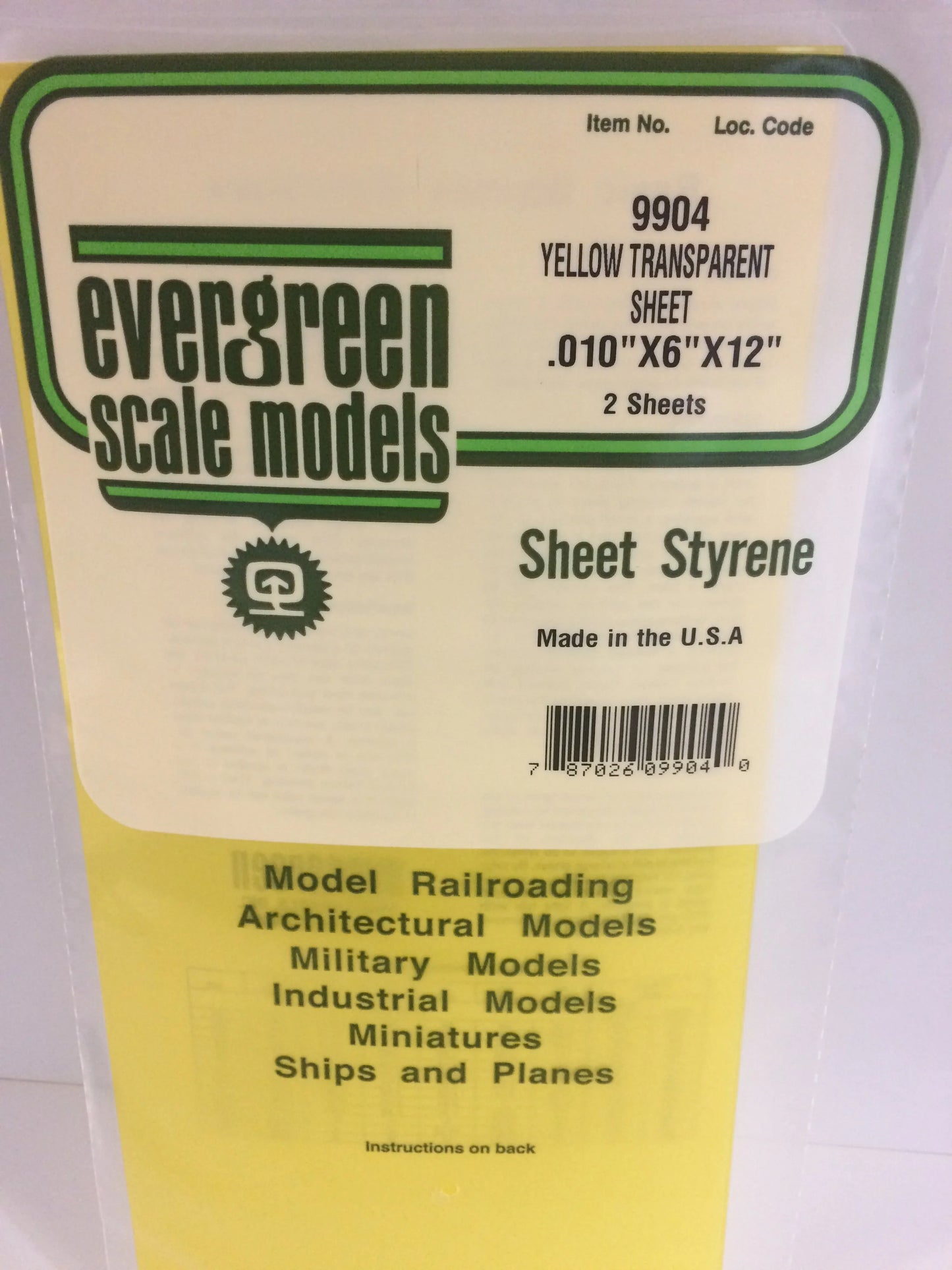 Evergreen YELLOW Polystyrene Sheet 0.010 x 6 x 12" / 0.25 x 150 x 300mm (2pce) 9904