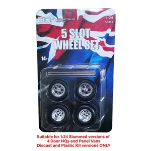 DDA 1:24 Set of 4 x 10 Slot Chrome Wheels w/Tyres & Axles DDAW001