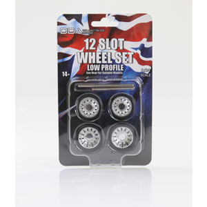 DDA 1:24 Set of 4 x 12 Slot Low Profile Wheels w/Tyres & Axles DDAW010